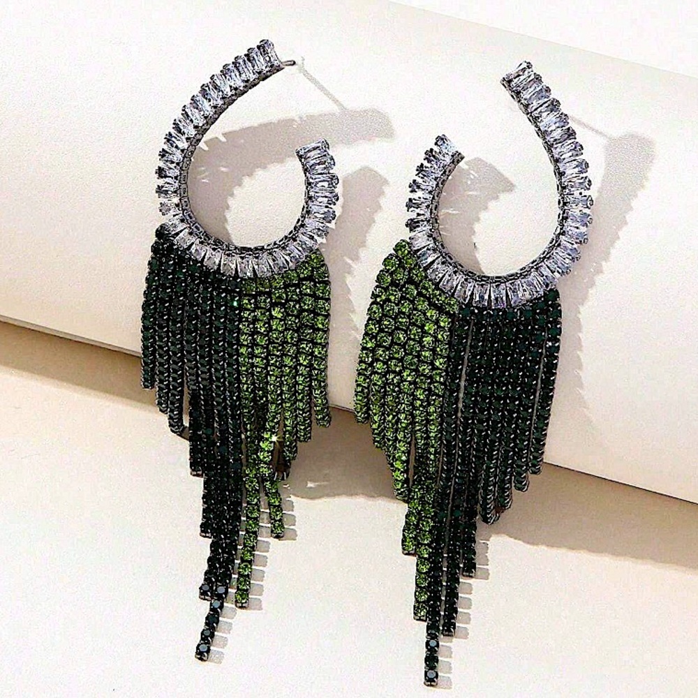 EMERALD AND BLACK-RHINESTONE TASSEL  EARRINGS
